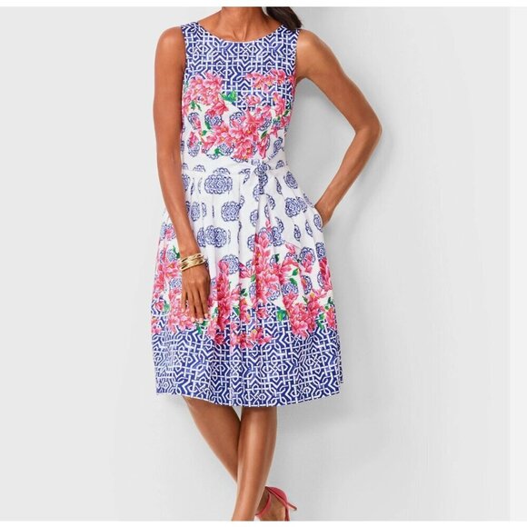 Talbots Dresses & Skirts - TALBOTS Mosaic Floral Sateen Pink Blue Cotton Stretch Fit & Flare Dress Sz 16WP